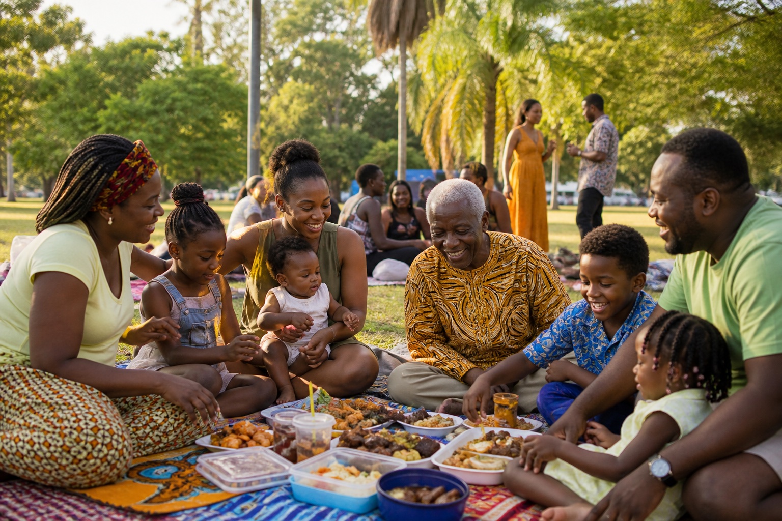 African families sharing food at a community picnic